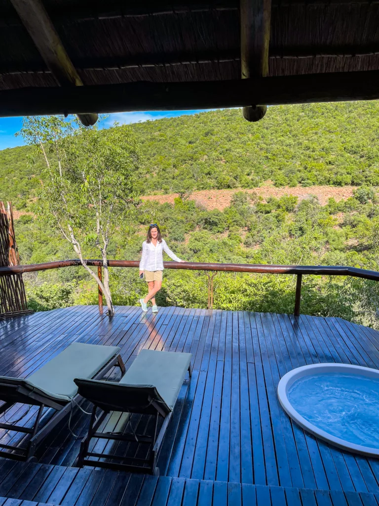 Petra enjoying the views from our wooden deck of our suite at Sediba