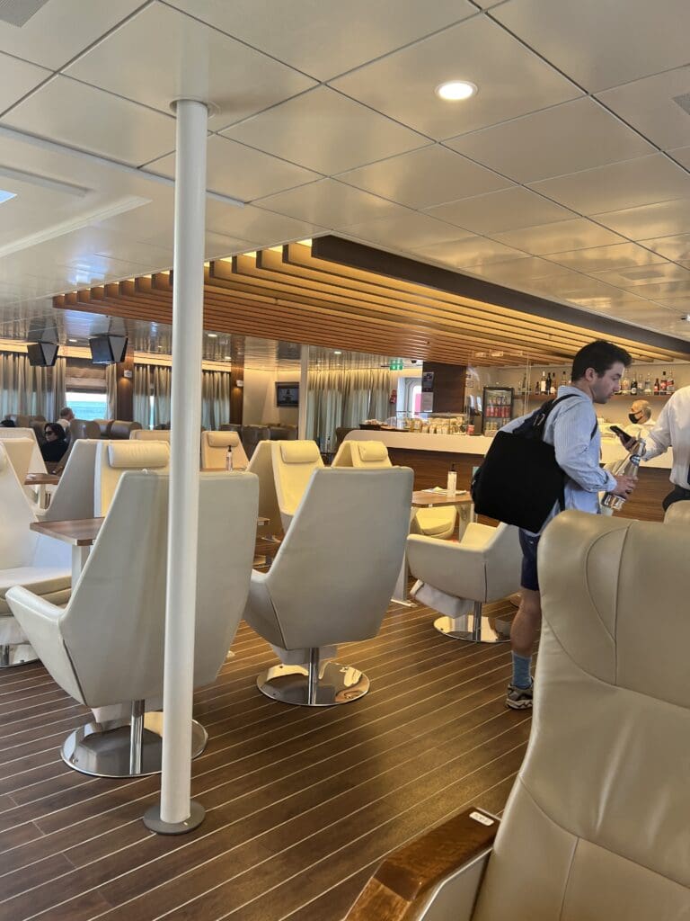 The luxury seating area on Santorini palace ferry