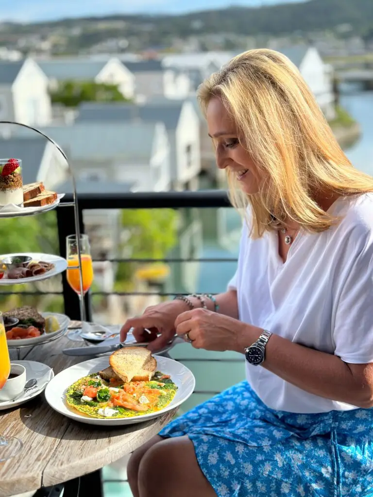 Enjoying Breakfast on our balcony at the Turbine Hotel and Spa with views of Thesen Island
