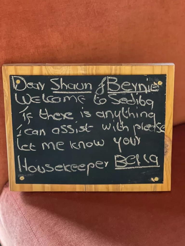 Our welcome note in our room from our housekeeper Bella