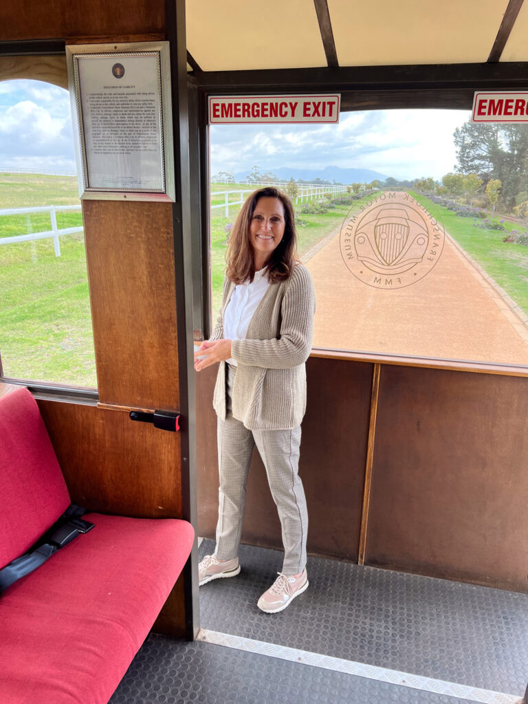 Petra on the tram of the Franschhoek Motor museum