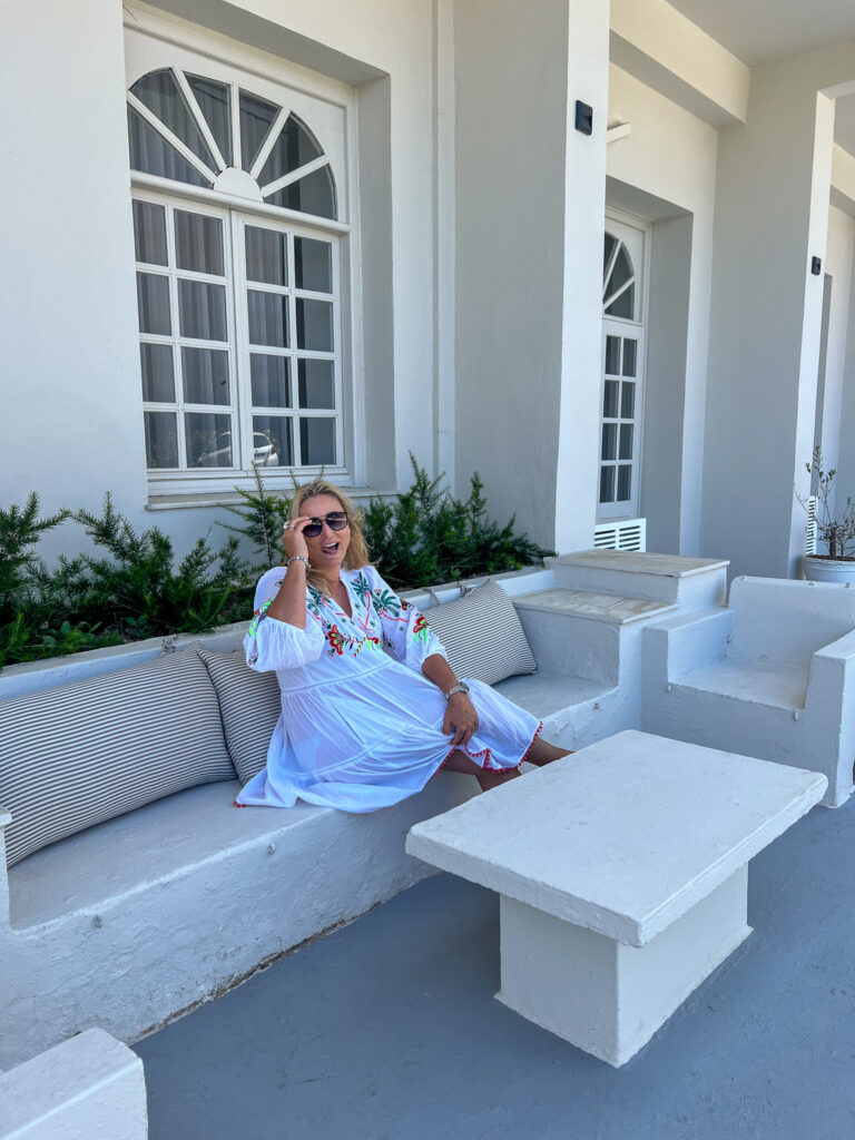Bernie on the patio in front of Paradise Art Hotel in Chora Andros
