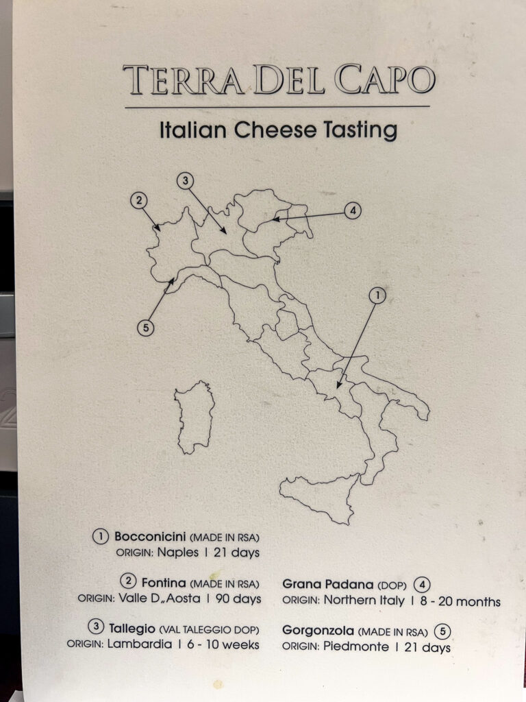 The cheese and wine pairing instruction page of Terra Del Cappo