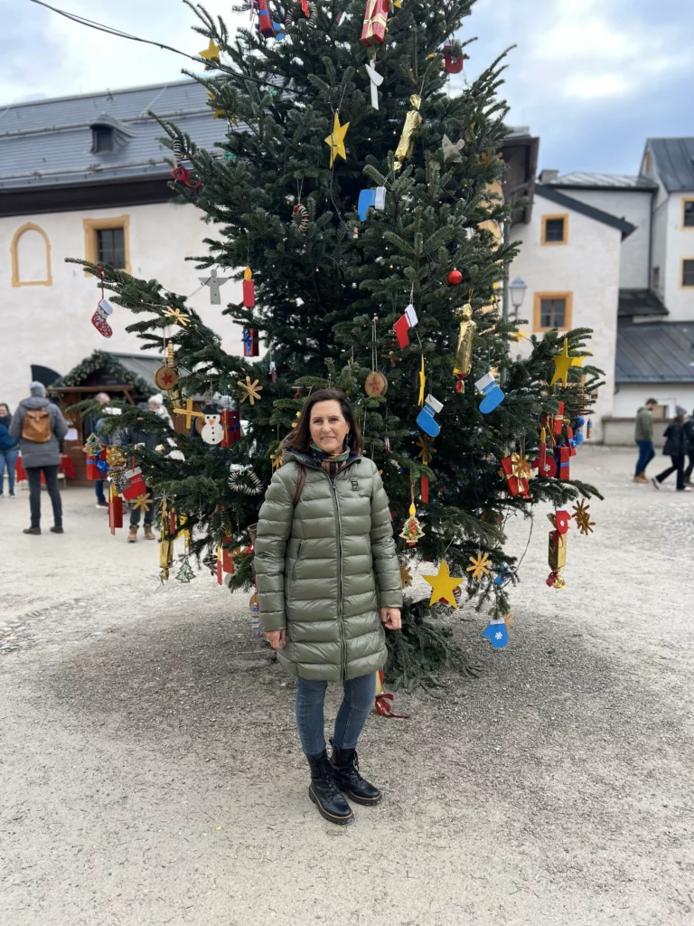 Petra admiring a Christmas trees at Festung Hohensalzburg Fortress