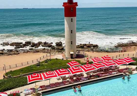 Views down to the pool, beach and Lighthouse from the Lighthouse Bar at the Oyster Box Umhlanga, Kwa-Zulu Natal group tour