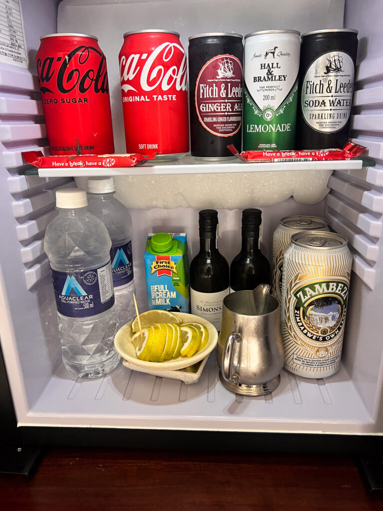 Our suite's filled bar fridge which is complimentary on the first fill