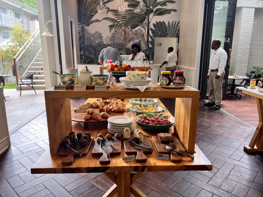 The buffet breakfast setup at the indoor dining area