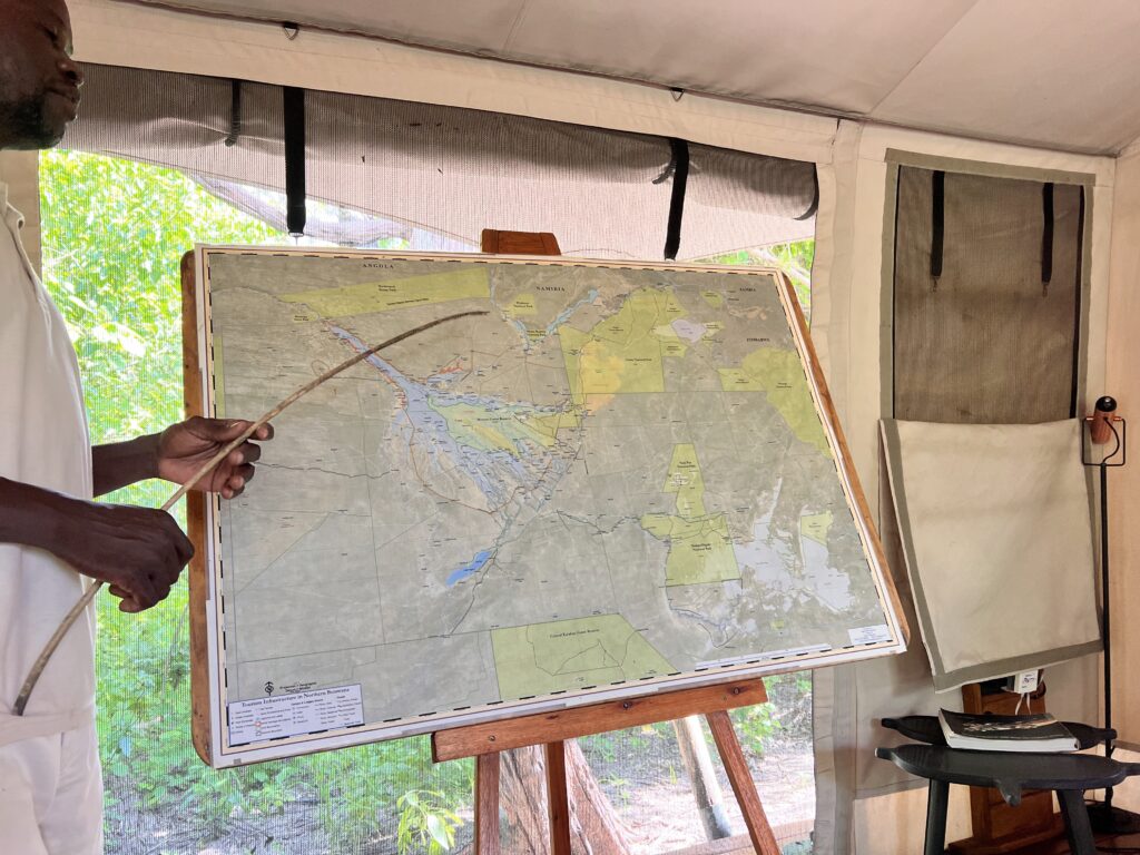 Upon arrival we received a very interesting introduction by our guide of the area in which the camp is located within Botswana and the adjoining nature reserves