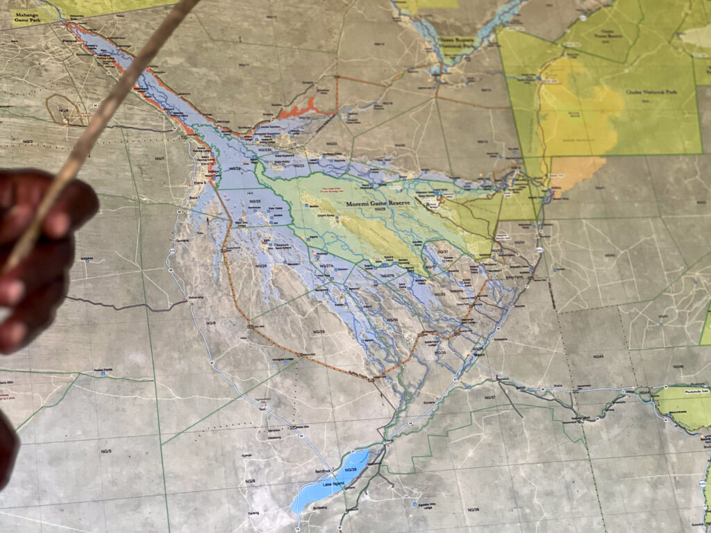 The map of the Okavango delta showing the proximity of Amber Camp in the south-eastern side of the delta