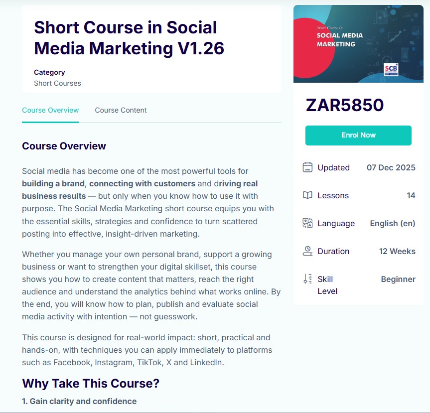 Home screen of the BMT College online short courses in Social Media Marketing